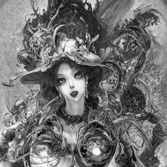 Image similar to the portrait of chaotic evil female necromancer as absurdly beautiful, gorgeous, elegant, sophisticated young gravure idol, an ultrafine hyperdetailed illustration by kim jung gi, irakli nadar, intricate linework, bright colors, octopath traveler, final fantasy, unreal engine 5 highly rendered, global illumination, radiant light, detailed and intricate environment