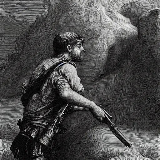 Prompt: Adam shooting the sname with an AK-47, biblical painting by Gustave Doré, black and white palette, detailed