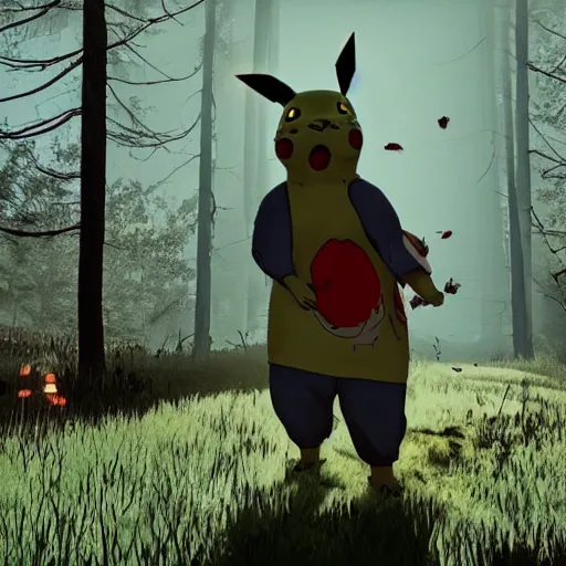 Prompt: pikachu as a playable character in the videogame dead by daylight, pc gpu fov settings, videogame screenshot, dark lighting, heavy fog