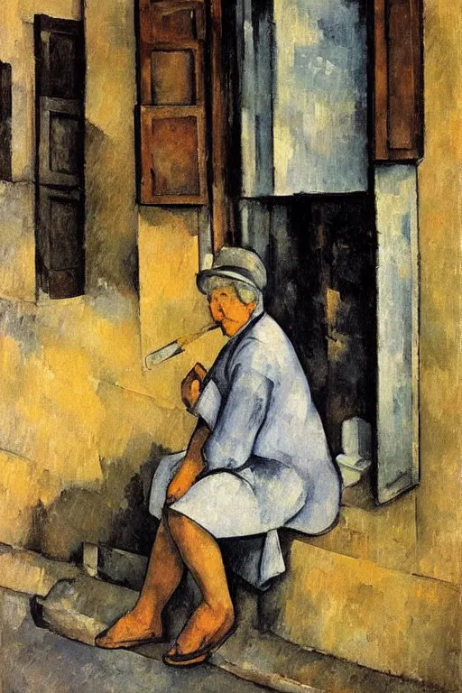 Image similar to an elderly and content italian woman leaning out of the window of an old building, smoking a cigarette, by paul cezanne, firenze, sunset, smooth, expressionist, gold, portrait