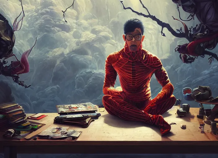 Image similar to an insanely detailed painting of an asian man wearing a homemade superhero costume, sitting at a desk, staring seriously at the computer and typing, in the style of peter mohrbacher, james jean, artgerm, dramatic lighting and composition, surreal background, octane render, pixar, trending on artstation, concept art, comic book, view from behind, 8 k