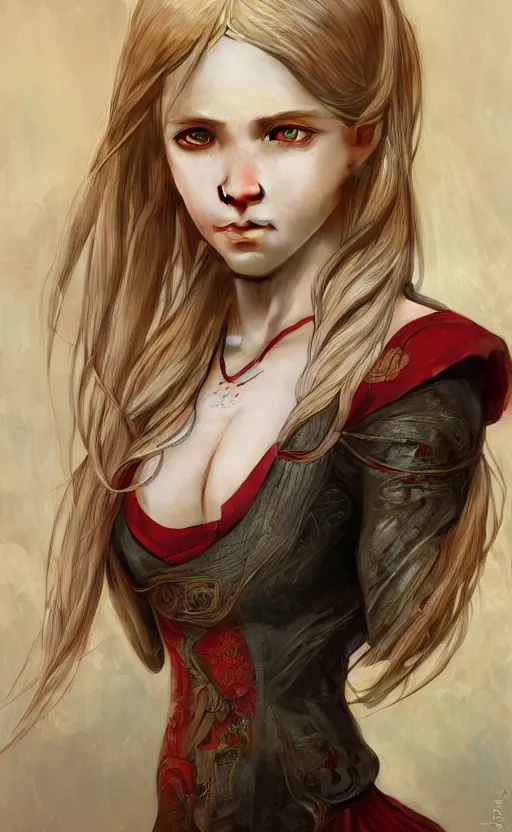 Prompt: full body portrait of a young girl with blond twin tail hair and red eyes, ultra realistic, concept art, intricate details, eerie, highly detailed, photorealistic, octane render, 8 k, unreal engine, art by artgerm and greg rutkowski and alphonse mucha