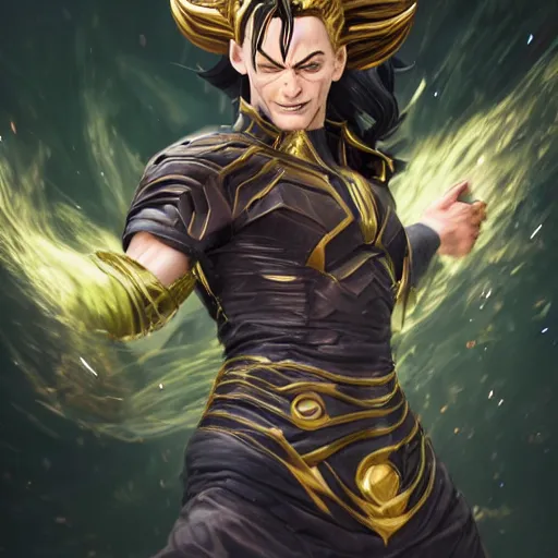 Image similar to loki going super sayain, au naturel, hyper detailed, digital art, trending in artstation, cinematic lighting, studio quality, smooth render, unreal engine 5 rendered, octane rendered, art style by klimt and nixeu and ian sprigger and wlop and krenz cushart