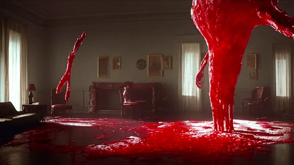 Image similar to a giant hand made of blood and ice floats through the living room, film still from the movie directed by Denis Villeneuve with art direction by Salvador Dalí, wide lens