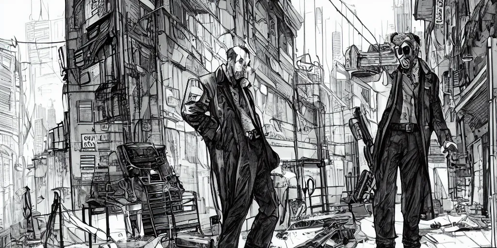 Image similar to a haggard detective in a trenchcoat scanning a crimescene in a dystopian cyberpunk alley, sketchy artstyle, digital art, dramatic, thick lines, rough lines, line art, cinematic, trending on artstation