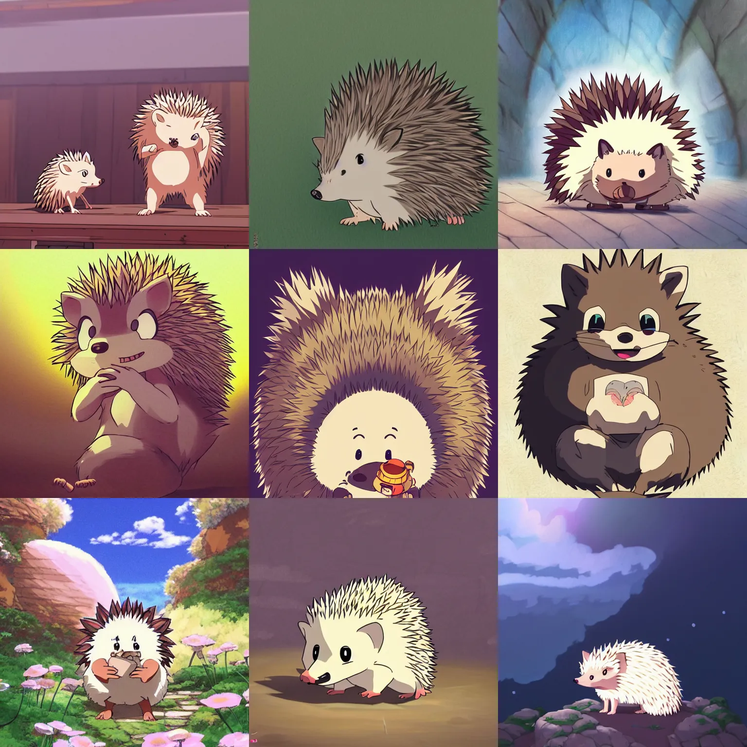 Prompt: big cute hedgehog made in studio ghibli artstyle, high quality detailed, 8k, smooth, sharp focus, beautiful scene, ghibli, wonderful, anime art , cinematic scene, fantasy