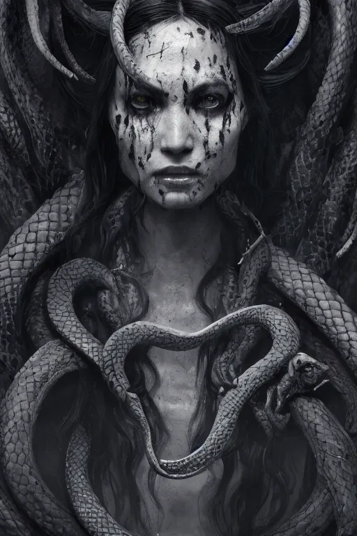 Image similar to A portrait of a monstrous women with snakes by Greg Rutkowski, Sung Choi, Mitchell Mohrhauser, Maciej Kuciara, Johnson Ting, Maxim Verehin, Peter Konig, Bloodborne, 8k photorealistic, cinematic lighting, HD, high details, dramatic, dark atmosphere, trending on artstation