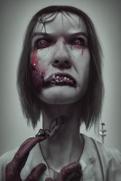 Image similar to grunge portrait of a creepy nurse girl wearing a straight jacket in a mental asylum, intricate artwork, nightmare fuel, terrifying, by beeple, trending on artstation, very coherent artwork. cinematic, hyper realism, high detail, octane render, 8k