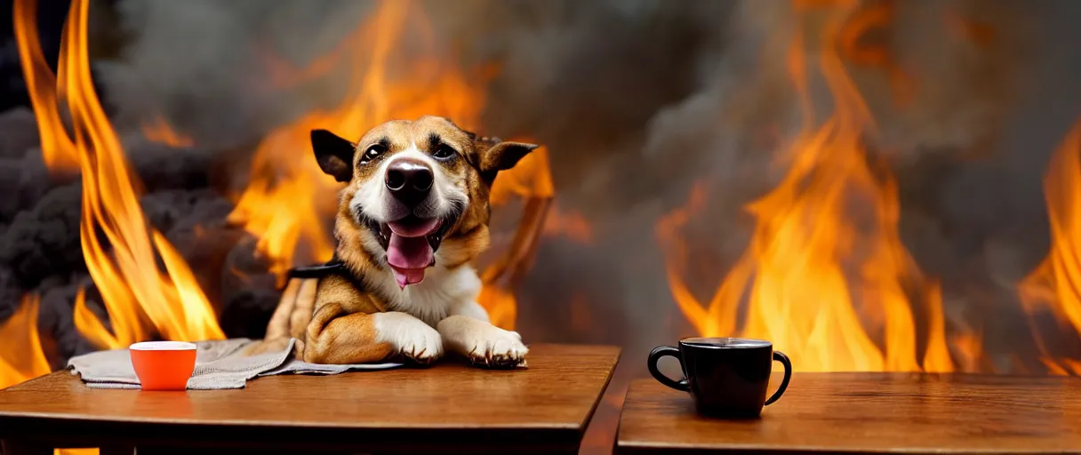 Prompt: a photograph (flash on) of a relaxed anthropomorphic dog sitting on a wooden chair at a table (no fire at all there), surrounded by flames, there is a full cup of coffee on the table, huge fire on this dining room in the background, a lot of flames behind the dog, black smoke instead of the ceiling, no watermark