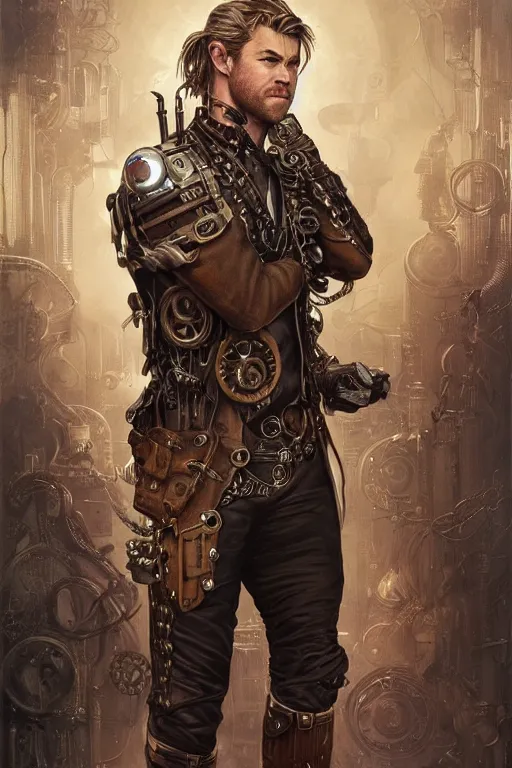 Image similar to chris hemsworth as a steampunk cyborg, portrait, western, steampunk, duster, fantasy, intricate, elegant, highly detailed, digital painting, artstation, concept art, sharp focus, illustration, art by artgerm and greg rutkowski and alphonse mucha