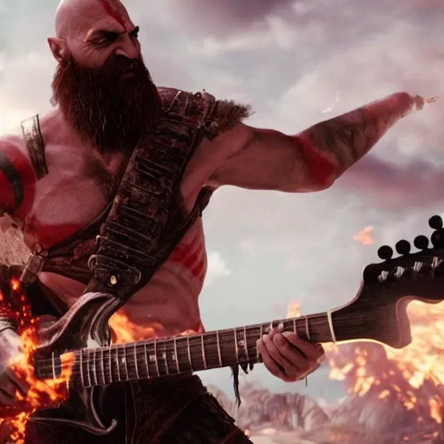 Image similar to kratos rocking out on a flaming stratocaster guitar, cinematic render, god of war 2 0 1 8, playstation studios official media