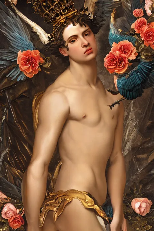 Prompt: a young handsome Spanish prince in a full-body bronze baroque and cyberpunk style statue of Icarus posed like a bird, crown of peach roses, flowing teal-colored silk, fabric, flowers. baroque elements, human skull. full-length view. baroque element. intricate artwork by caravaggio. many many birds birds on background. Trending on artstation, octane render, cinematic lighting from the right, hyper realism, octane render, 8k, depth of field, 3D