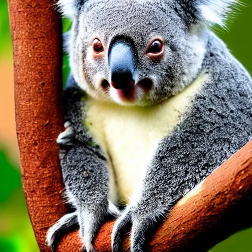 Image similar to award winning nature photograph of a koala. it has a friendly smile. it has whiskers and claws. extreme detail, beard hyperrealistic photo, smooth, trending on artstation