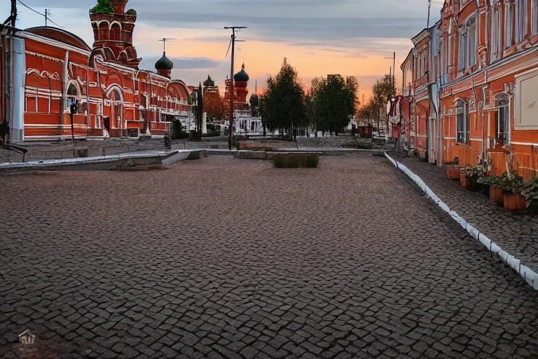 Image similar to a iphone 6 photo of typical russian city yard at evening, dutch angle,