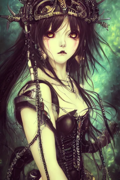 Prompt: portrait of beautiful young gothic anime maiden, cute anime face, cyberpunk, Warhammer, highly detailed, artstation, illustration, art by Gustav Klimt