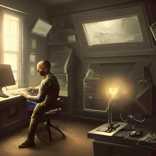 Image similar to realistic man using pc in gaming room, artstation trends, sci fi concept art, highly detailed, intricate, sharp focus, digital art, 8 k