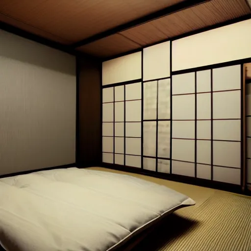 Image similar to still photo of a japanese guest room, highly detailed, photorealistic portrait, bright studio setting, studio lighting, crisp quality and light reflections, unreal engine 5 quality render