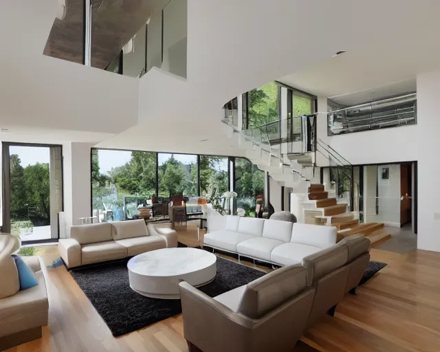 Prompt: A modern style living room with floor to ceiling glass windows on the left and curved wooden stairs going upstairs on the right, two white sofas with a white marble table in the center of the living room, stairs to the second floor, 8k resolution, professional interior design photograph, wide angle photograph