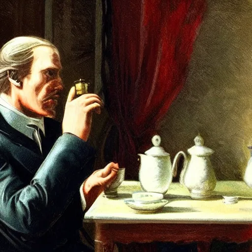 Prompt: boss senator stephen armstrong from the game metal gear solid holds a small porcelain cup with tea from which steam comes out, romanticism style, detailed facial proportions