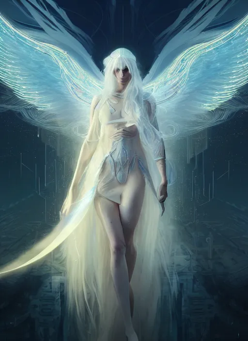 Prompt: a beautiful white haired princess with angel wings, intricate concept art, ethereal, ominous, mysterious, enchanted, cosmic, dramatic lighting, illuminated lines, outrun, vaporware, illuminated runes, cyberpunk darksynth, dark background, 8 k, by ruan jia and krenz cushart and alphonse mucha