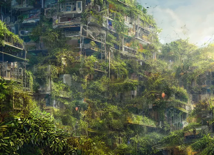 Image similar to overgrown foliage overtaking favela, biopunk, scenery, professional, award - winning, trending on artstation, detailed, realistic, beautiful, emotional, shiny, golden, picture