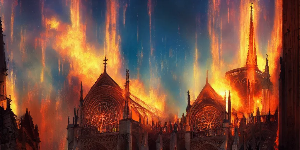 Prompt: fire engulphs the Notre Dame de Paris, abstract art by Makoto Shinkai