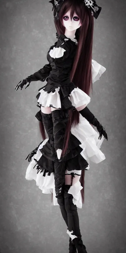 Prompt: Realistic anime doll girl in gothic suit, full lenght