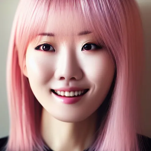 Image similar to beautiful hyperrealism selfie of nikki 苏 暖 暖 from shining nikki, a cute 3 d young woman smiling softly, long light pink hair and full bangs, flushed face, red blush, small heart - shaped face, soft features, amber eyes, chinese heritage, golden hour, 8 k, sharp focus, instagram