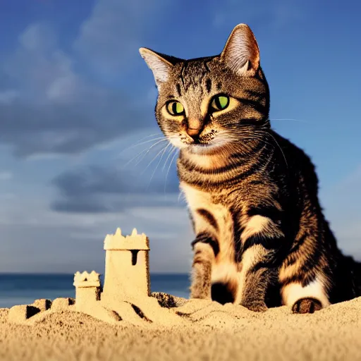 Image similar to photo of a cat building a sandcastle on a beach, photorealistic, 8 k photo, golden hour, award winning editorialized