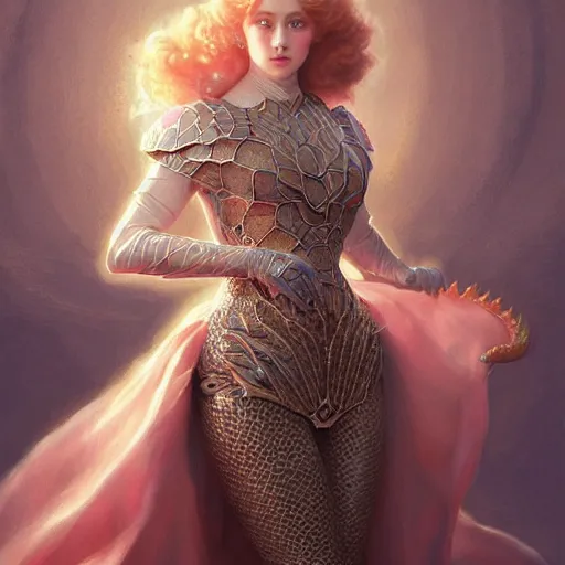 Image similar to beautiful striking Pre-Raphaelite Princess Peach wearing a suit of dragon scale armor, by Artgerm and Greg Rutkowski, pale, intricate, elegant, highly detailed, digital painting