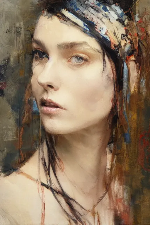 Image similar to Richard Schmid and Jeremy Lipking and simon bisley full length portrait painting of a young beautiful priestess woman