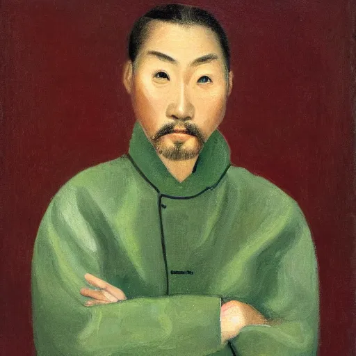 Image similar to portrait of an asian man with a blonde hair, a ponytail and a goatee. wearing a beige raincoat over a green neck sweater. oil painting, warm colors.