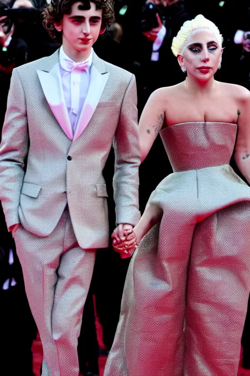 Image similar to timothee chalamet and lady gaga holding hands on the red carpet, beautiful detailed faces, canon eos