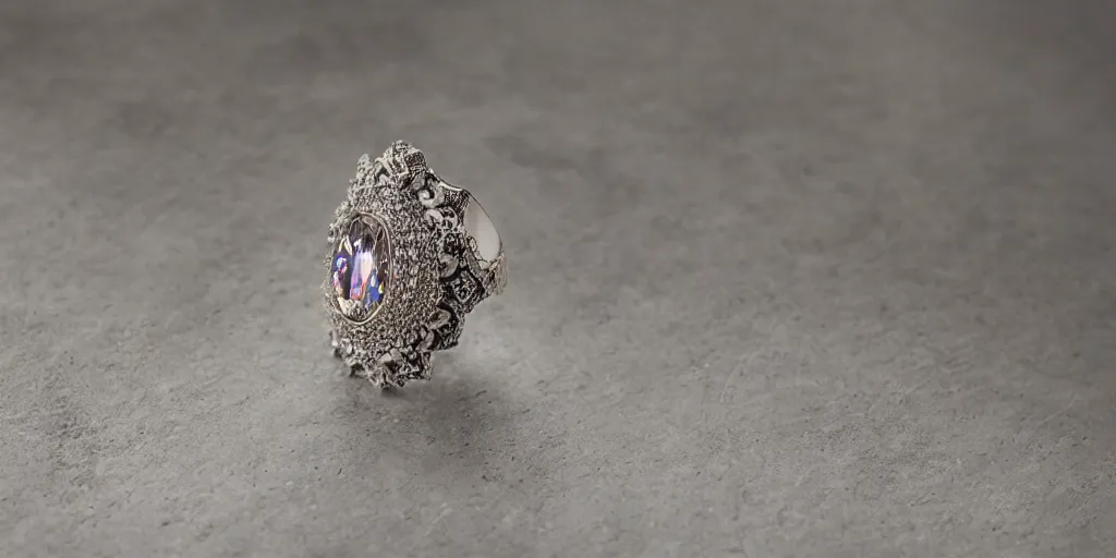 Prompt: maximalist style ring with sparkling stone in a display cabinet, product shot, studio lighting, contemporary design