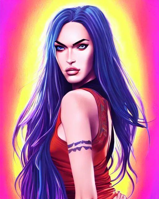 Image similar to portrait of megan fox, beautiful, elegant colorful, inspired by steel ball run manga, artstation trending, deviantart, highly detailed, focus, smooth, illustrated by hirohiko araki