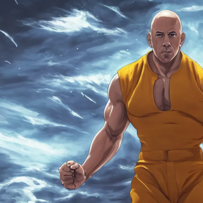 Image similar to landscape, long shot of far, distant vin diesel as saitama! punching!!! a car!!!!!! into space, hyperrealism, trending on artstation