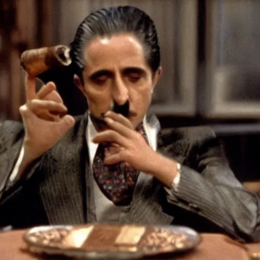 Prompt: A still of a cat smoking a cigar in The Godfather (1972)