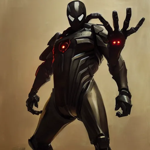 Image similar to greg manchess portrait painting of an armored dark dynamic iron spiderman as overwatch character, medium shot, asymmetrical, profile picture, organic painting, sunny day, matte painting, bold shapes, hard edges, street art, trending on artstation, by huang guangjian, gil elvgren, ruan jia, greg rutkowski, gaston bussiere