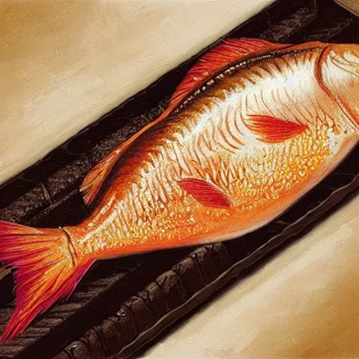 Image similar to a fish laying on top of a chocolate bar. soft, atmospheric, warm lighting. highly detailed digital painting by mandy jurgens.