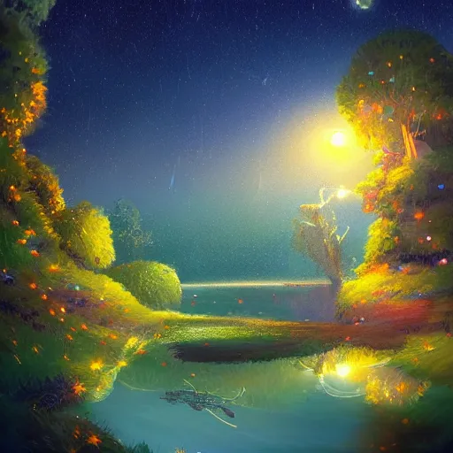 Image similar to a beautiful landscape at night, magical lights, fireflies, a sense of wonder, water reflections, glowing magical clouds, digital art, pixar concept art