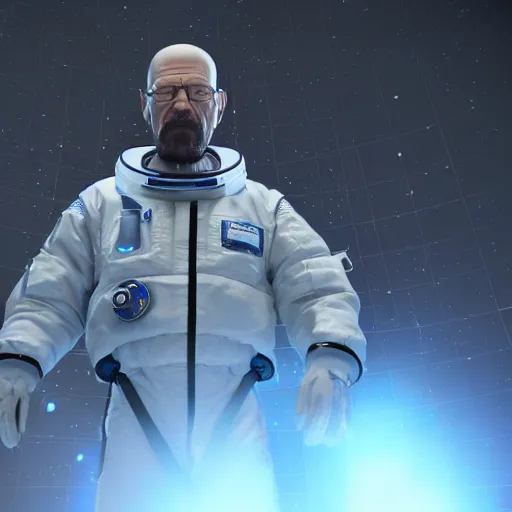 Image similar to 3 d render of walter white wearing shorts in space, 4 k image, space themed, unreal engine