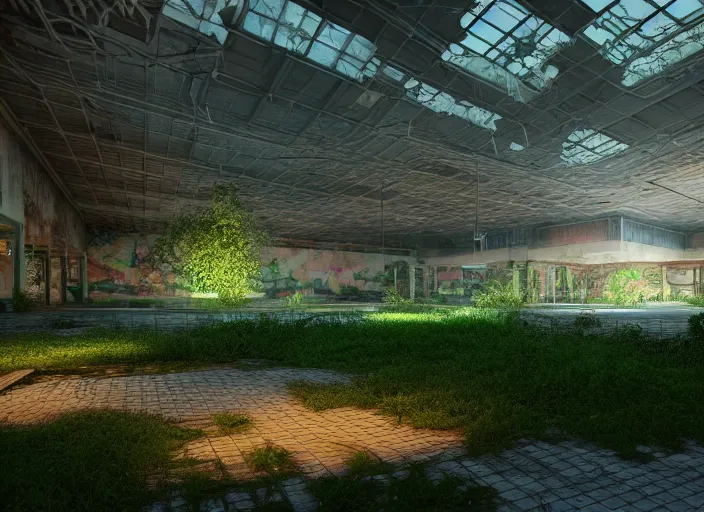 Image similar to inside a huge abandoned overgrown mall with swimming pool maze, bright halogen lights, highly detailed, 8 k, hdr, octane render, trending on artstation, volumetric lighting