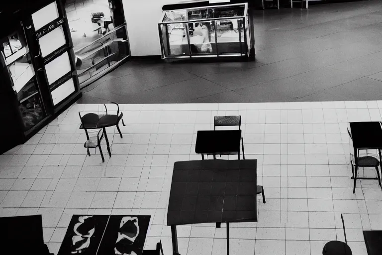 Image similar to overhead view, surveillance, black and white, grainy image, a lion in an empty fast food restaurant lobby