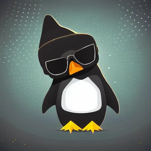 Prompt: digital art of a cute and small penguin! sitting on a chair at night, wearing sunglasses! black background with some stars, detailed lighting and shading! detailed, vector art, by emiliano ponzi, by tom whalen, trending on polycount, private press, low poly, 3 d, sketchfab