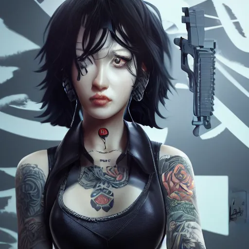 Prompt: a woman with black hair and tattoos holding a gun, a character portrait by Shinji Aramaki, cgsociety, shock art, uhd image, official art, redshift