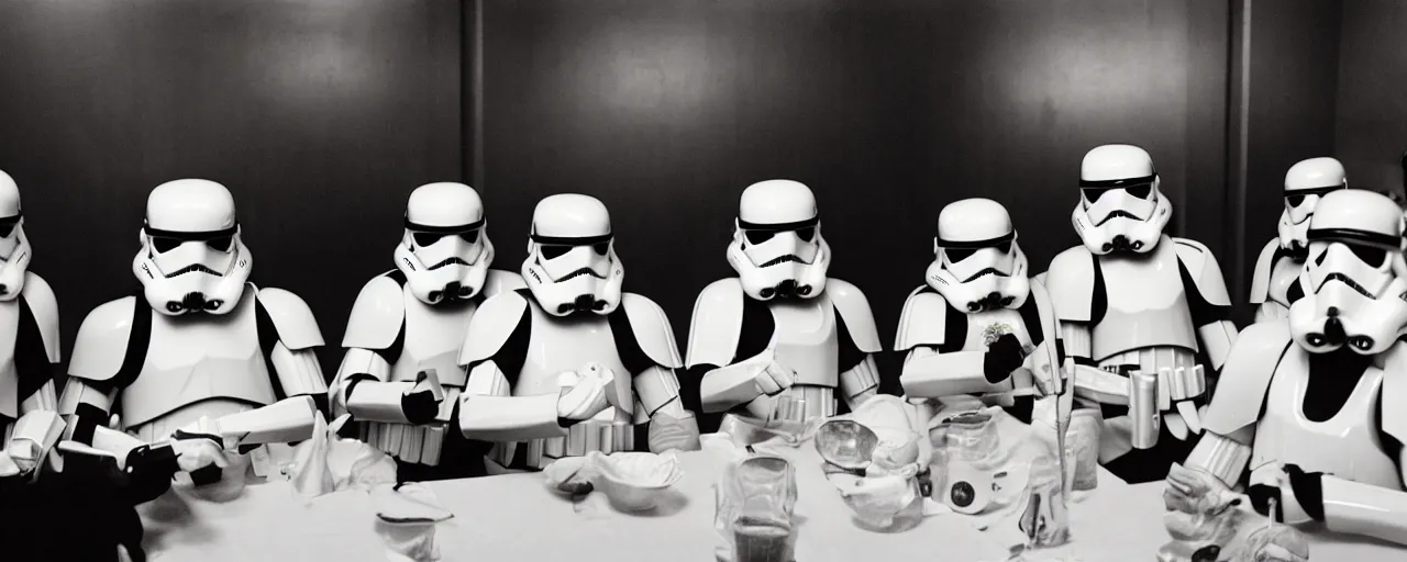 Image similar to Storm troopers out for dinner, the last supper, cinematic still frame, 80s, cinematography, anamorphic lens, kodak color film stock