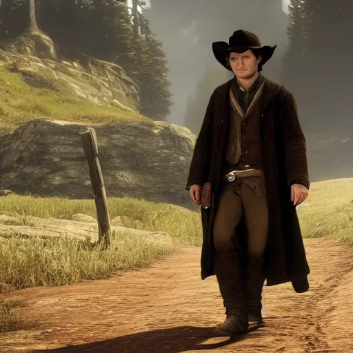 Prompt: Film still of Frodo Baggins, from Red Dead Redemption 2 (2018 video game)
