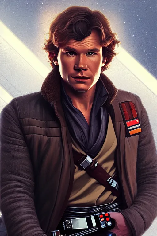 Prompt: a portrait of han solo, fantasy, sharp focus, intricate, elegant, digital painting, artstation, matte, highly detailed, concept art, illustration, ambient lighting, art by ilya kuvshinov, artgerm, alphonse mucha, and greg rutkowski