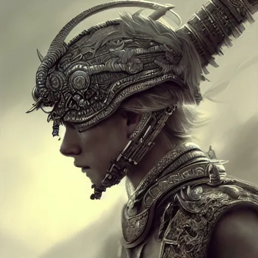 Image similar to beautiful extremely detailed intricate concept art depicting a warrior by wlop. shining jewelry. grey atmosphere. bcy. net