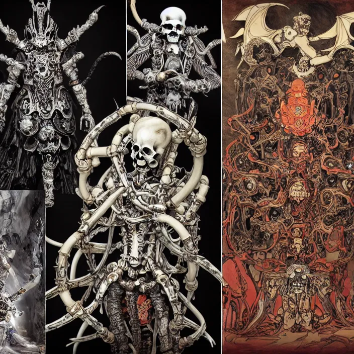 Image similar to still frame from Prometheus by Utagawa Kuniyoshi, lich king Dr doom in ornate bio cybernetic bone armour and skull mask in hells organic bioship by Wayne Barlowe by peter Mohrbacher by Giger, dressed by Alexander McQueen and by Neri Oxman, metal couture hate couture editorial